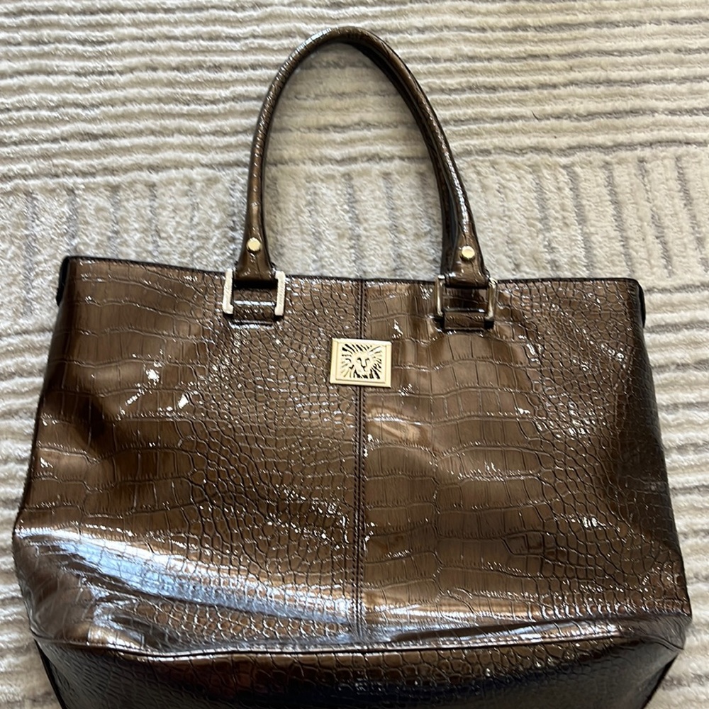 Anne Klein Brown Croc-Embossed Tote with Gold logo and zebra interior